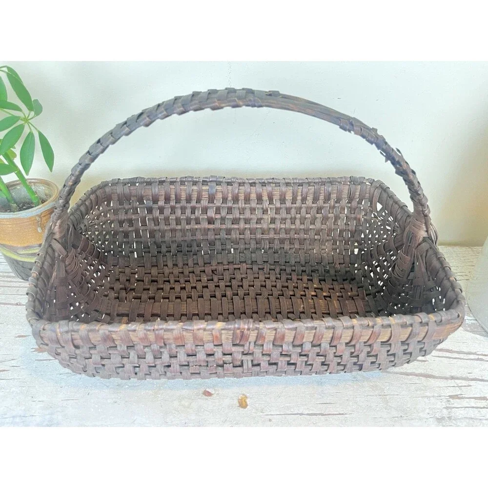 Antique Primitive Gathering Basket Dark Brown Woven Wicker Rectangular Rustic